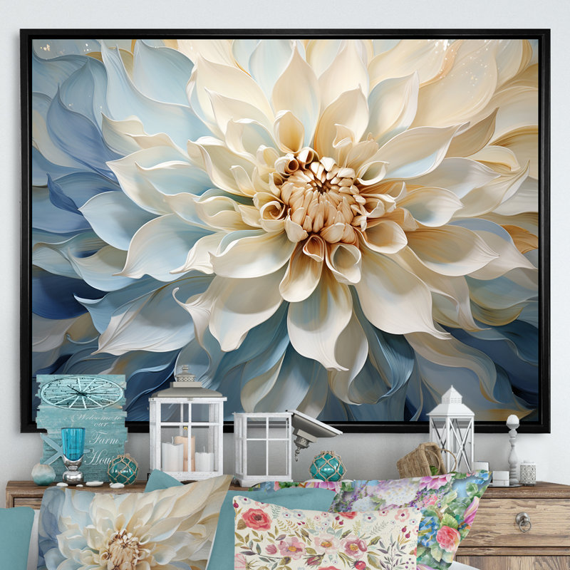 Blanc et bleu fleur de dahlia minimalisme - art mural dahlia, H 24 po x l 32 po x P 1 po, Cadre flottant noir