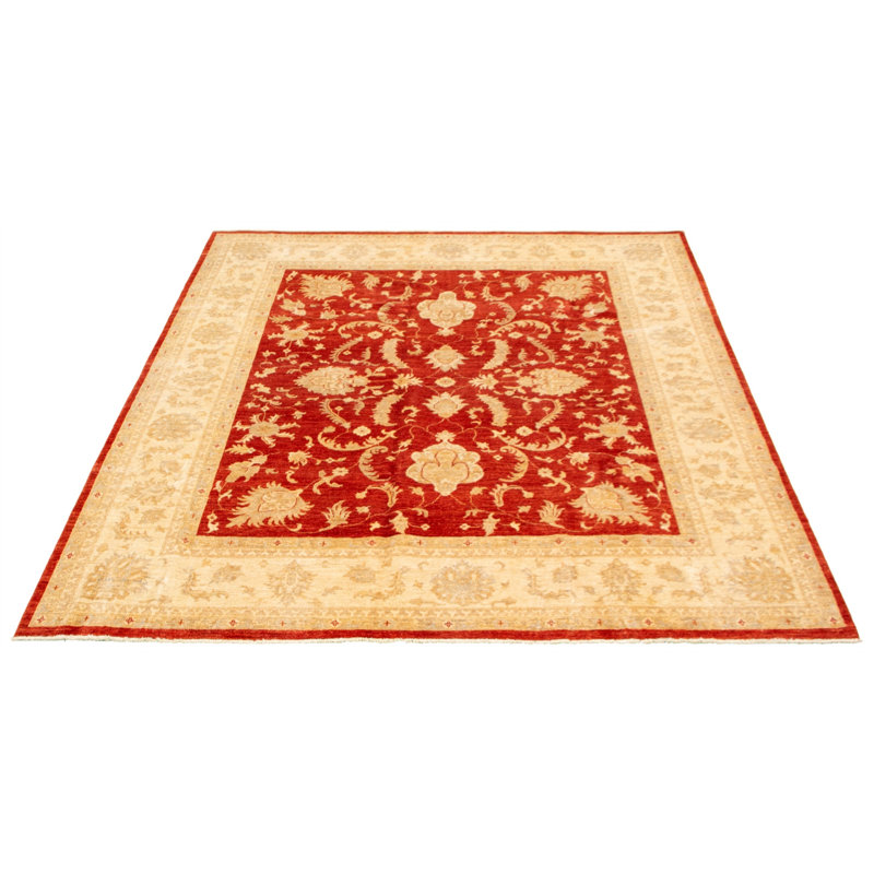 Tapis décoratif en laine noué à la main de conception unique 8 pi x 9 pi 8 po « New Age » rouge/Ivoire/orange