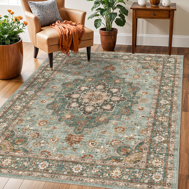Washable Oriental Area Rug - Rugs for Living Room Soft Carpet for Bedroom Waterproof Floral Distressed Indoor Stain Resistant Non-Shedding Floor Carpets (Green)