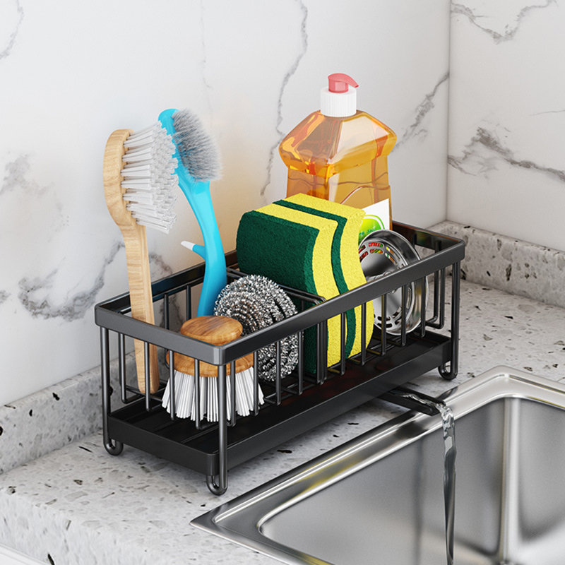 Sponge Holder For Kitchen Sink, Sink Caddy With Drain Tray, Kitchen Sink Organizer Countertop Rustproof 304 Stainless Steel, Soap Dispenser Kitchen Organizers And Storage Accessories