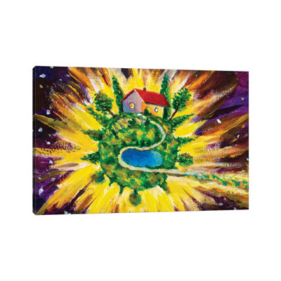 Small Cozy Green Planet With Village House by Valery Rybakow - Wrapped Canvas Gallery-Wrapped Canvas Giclée
