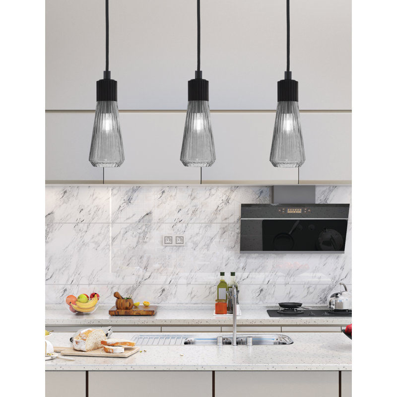 Mini-luminaire suspendu à cordon Neysa, fini noir mat avec verre côtelé fumée de 4 po, Fumée, Noir mat