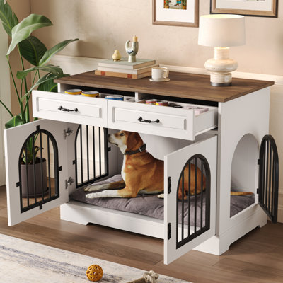 Meuble pour chien de 43,3 po, cage intérieure robuste pour chien avec 2 tiroirs de rangement, cage pour chien avec portes latérales pour chiens de taille moyenne, cage pour chien de table de bout, blanc et brun
