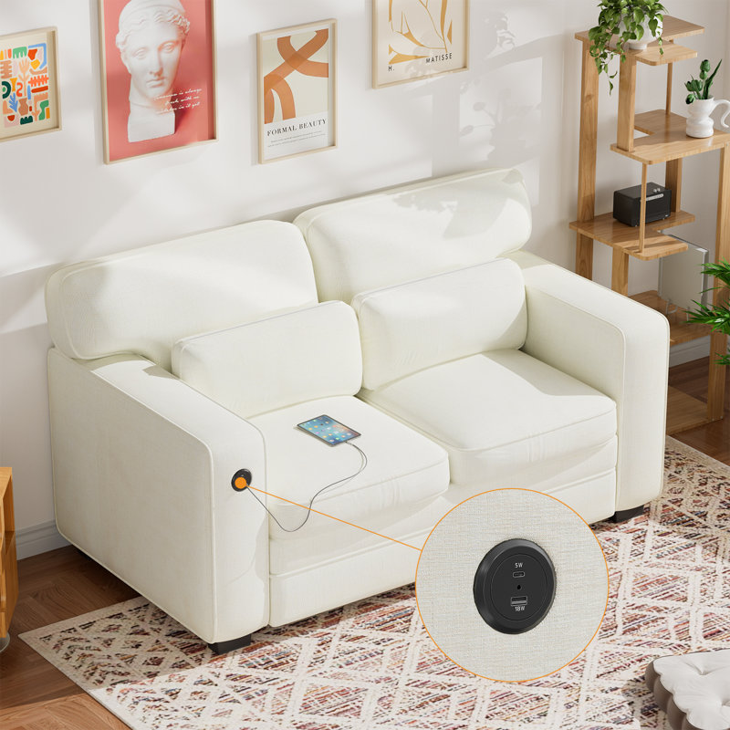 Pull Out Sofa Bed, Sleeper Sofa with 2 USB Charging Ports, Comfortable Loveseat Sleeper with Removable Covers, Beige