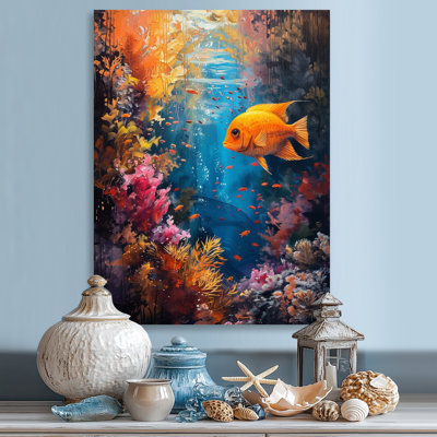 Orange, bleu, corail, poisson rouge, Marvel - art mural de mur de corail, salon