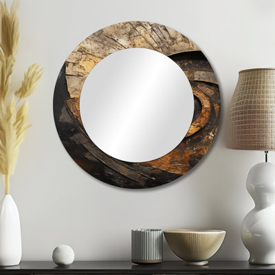 Gold Black Timeless Turn I - Abstract Spirals Decorative Mirror, Gold Round Wall Mirror, Printed Metal Art