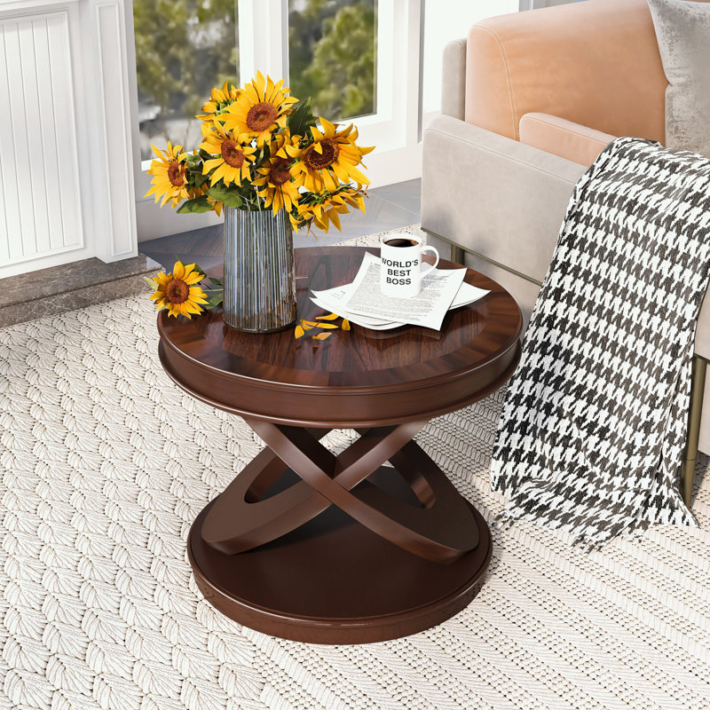 Table de bout ronde en bois avec base robuste, Noyer