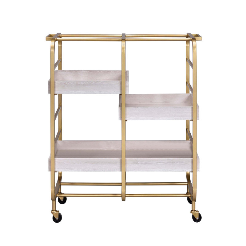 Chariot de service doré et blanc délavé avec 3 plateaux réglables, Doré / Blanc