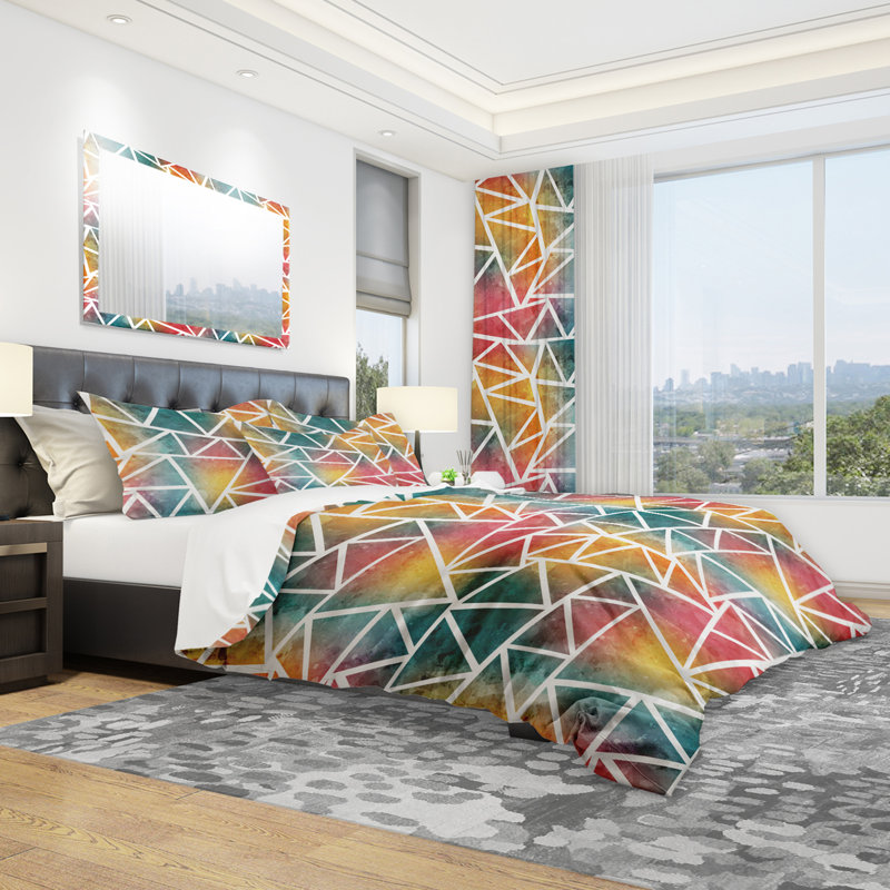 Colored Triangle Pattern with Grunge Effect - Modern Duvet Cover Set - Microfiber Polyester, King Duvet Cover + 2 Shams