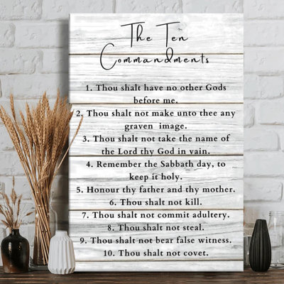 La liste des dix commandements est exposée sur une toile murale en bois patiné - style texturé rustique. Peinture moderne, galerie profonde de 1 po, 24 po x 36 po