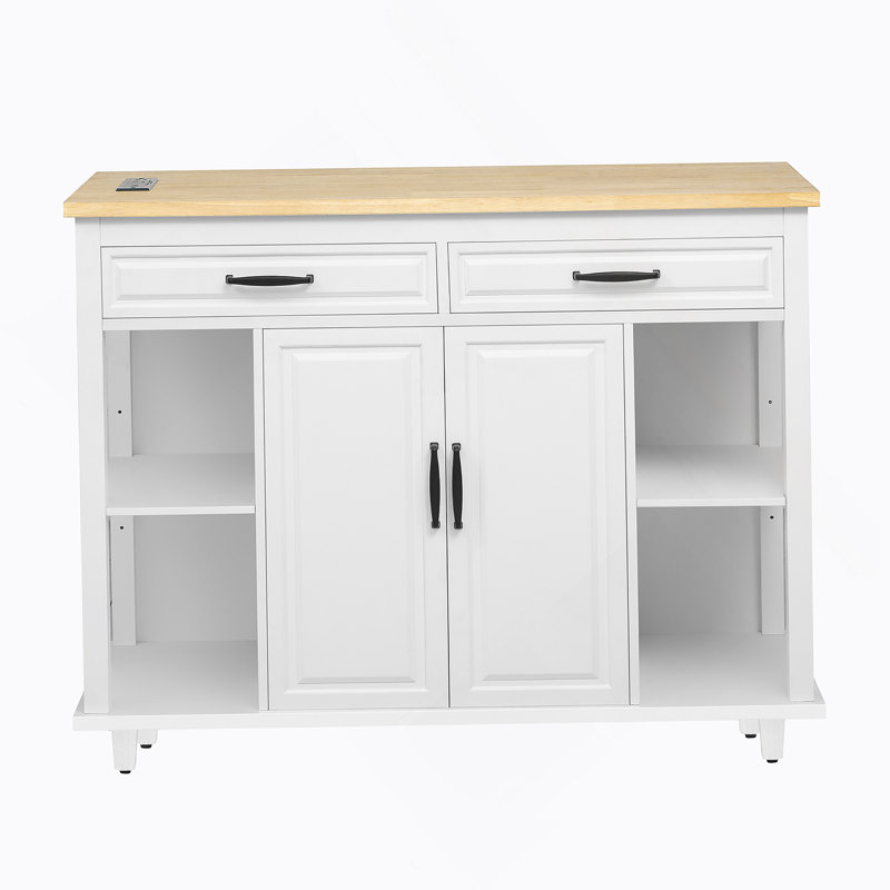 Îlot de cuisine 47 po avec table de salle à manger extensible, table de cuisine en placage de bois d'hévéa avec support de rangement interne, prise de courant, îlot de cuisine avec rangement 2 tiroirs et 2 armoires, blanc