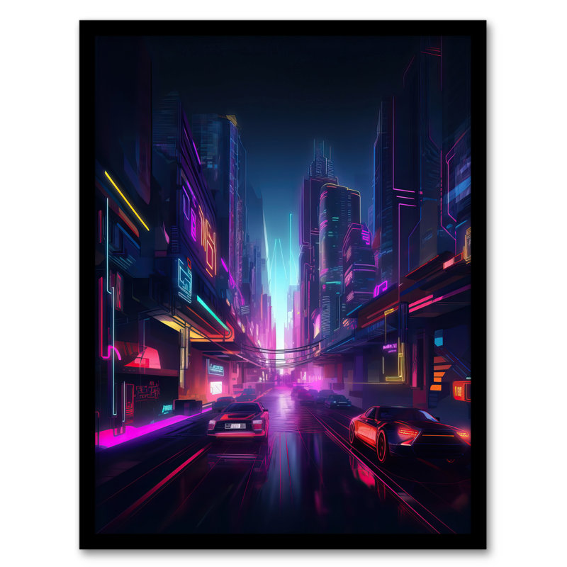 Merab Neon Purple Cityscape Electronic Futuristic Skyscraper - Single Picture Frame Print