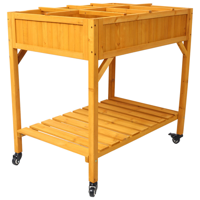 Elevated 8 Pocket Herb Garden Bed, Mobile Raised Customizable Wood Planter For Herbs, Vegetables, Flowers W/ Lockable Wheels, Storage Shelf, Drainage Holes