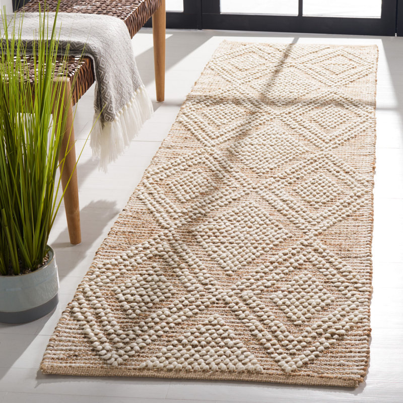 Natura Jute/Wool/Cotton Hand Woven Geometric Rug in Beige/White, Runner 2'3" x 8'