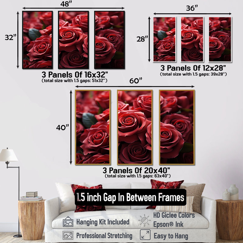 «Crimson Rose Passion I - Roses», ensemble d'art sur toile, Cadre flottant doré, H 28 po x l 36 po x P 1 po