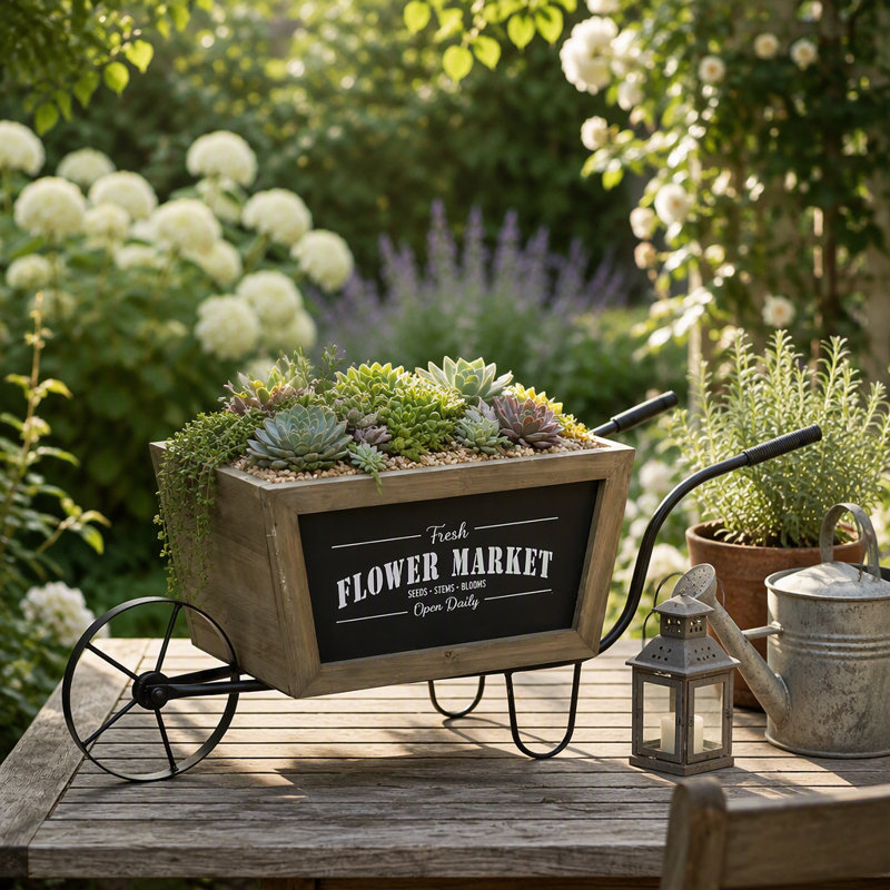 Jardinière en forme de brouette en bois avec cadre en fer et panneau « Marché aux fleurs »