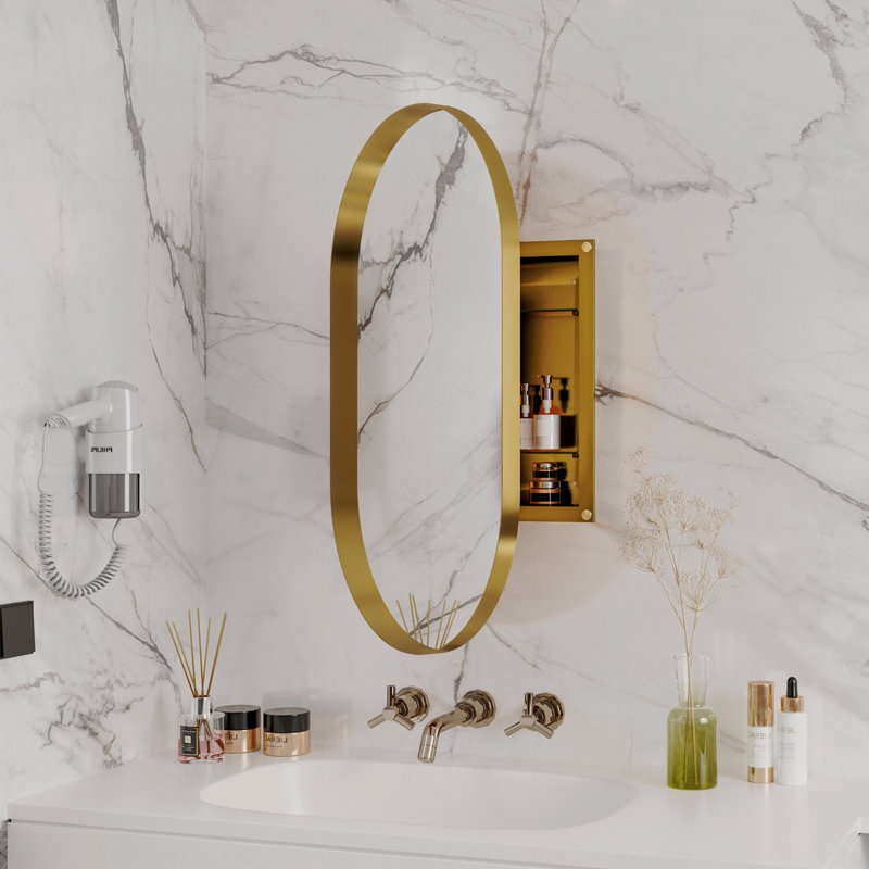 20x34” Matte Gold Oval Medicine Cabinet, Gold