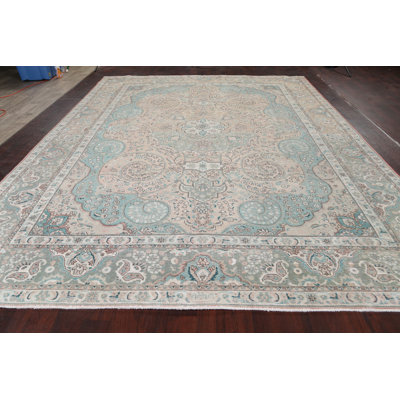 Tapis décoratif en laine de conception unique noué à la main des années 1960 en laine Tabriz beige/bleu sarcelle 10 pi 1 po x 12 pi 10 po