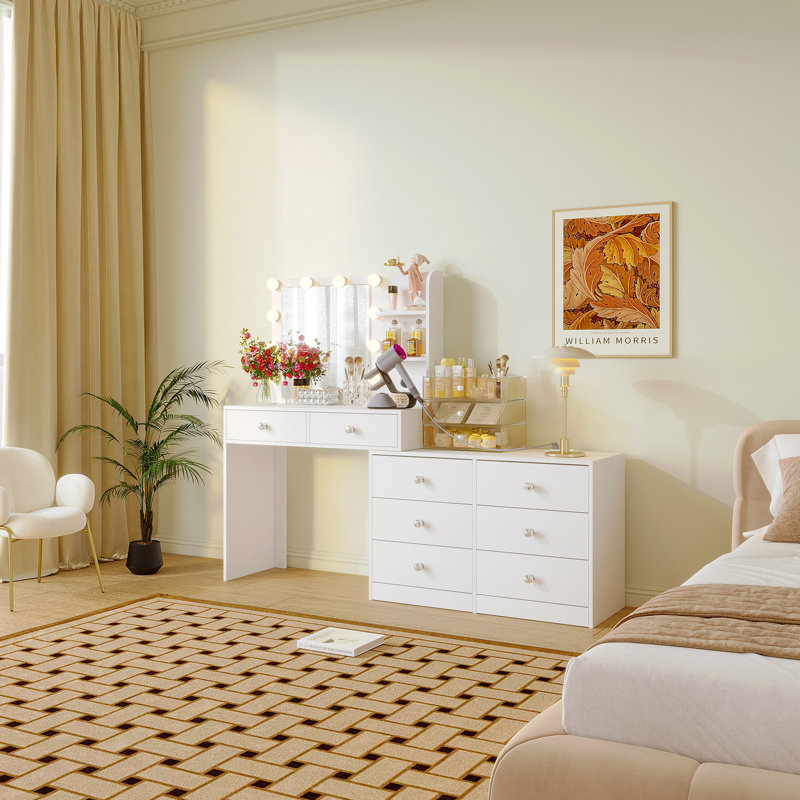Coiffeuse Sioban avec commode 6 tiroirs et prises pour Noël, Blanc