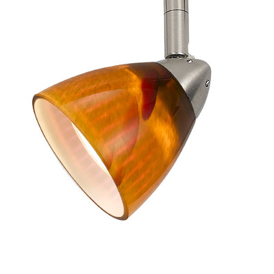 Luminaire sur rail Cal Lighting en acier brossé, 8,9 cm (3,5 po) de hauteur, culot GU10, 50 W, avec abat-jour rond en verre soufflé à la main.
