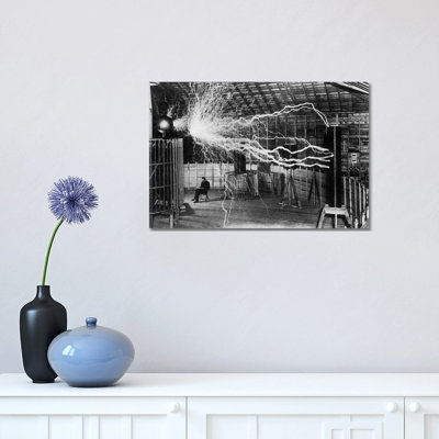 Bolts Of Electricity Discharging In The Lab Of Nikola Tesla by John Parrot - Wrapped Canvas Photograph