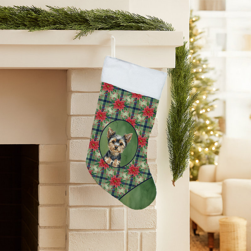Chaussette de Noël noir et brun clair Yorkshire Terrier PoinsettIas