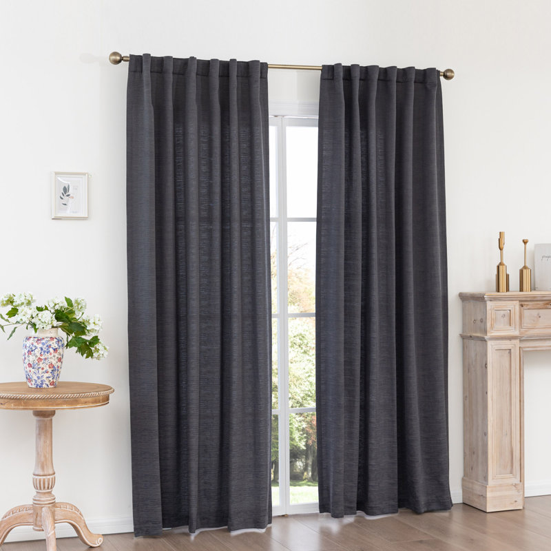 Wulfram Cotton Blend Textured Semi-Sheer Back Tab/Rod Pocket Curtain Pair, Black, 52" W x 96" L