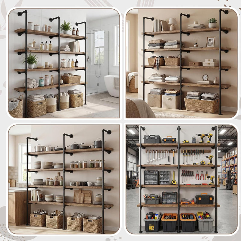 3 Pcs 5 Tier Industrial Iron Pipe Shelving Wall Mount Vintage Retro Ceiling Hung Shelf DIY Open Bookshelf Ladder Shelves For Office Living Room, 77 Tall 14 Deep (No Wood Planks Included)