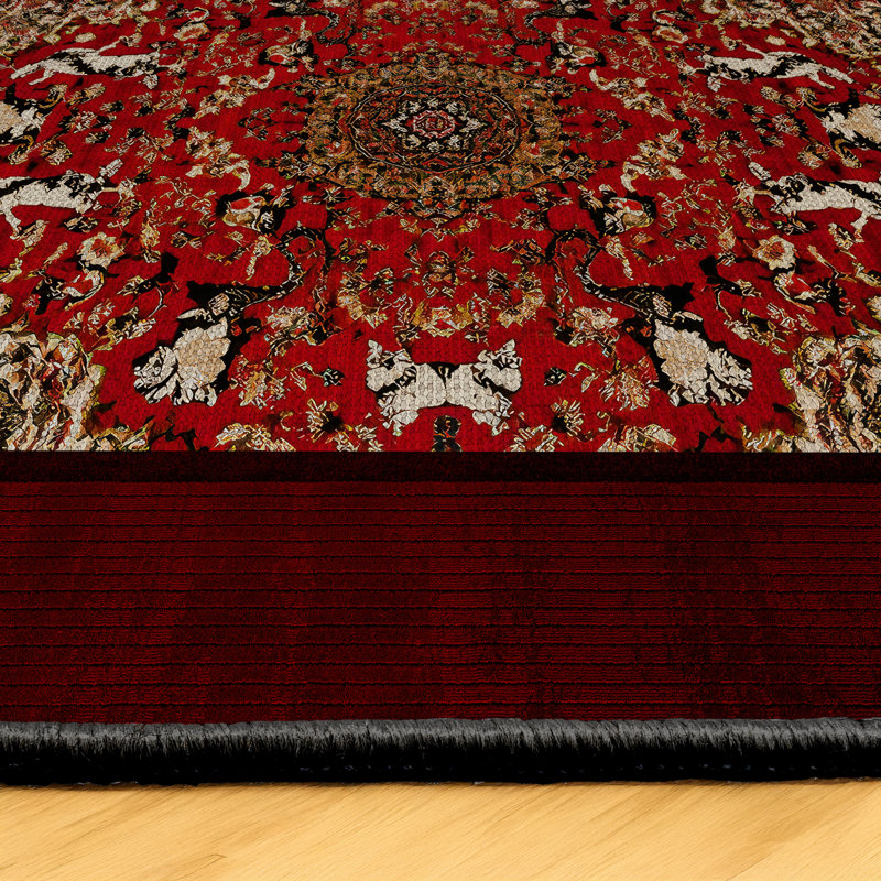Guria Red/Burgundy Oriental Machine Printed Cotton Chenille Area Rug, Rectangle 6'7" x 10'6"