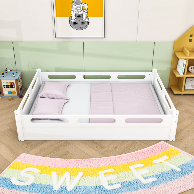 Lit plateforme en bois avec garde-corps, Lit double, Blanc