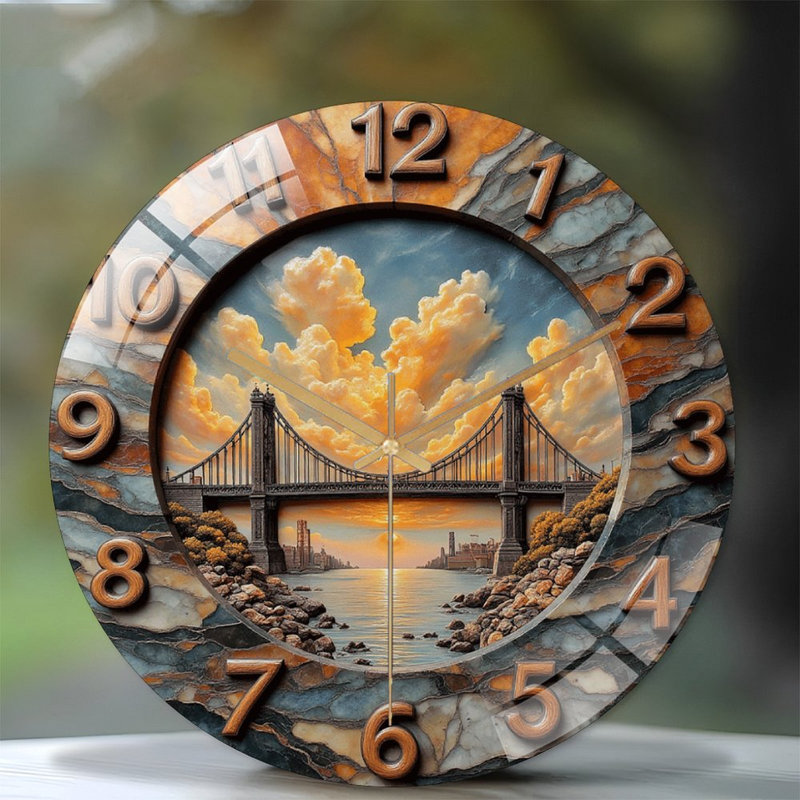 Large Decorative Wall Clock with Landscape Design Art - 12'' Modern Glass Wall Clock