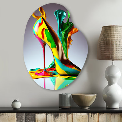 Multicolor Glass High Heel Shoe III - Asymmetrical Fashion Metal Wall Decor, Irregular Shape Metal Wall Sculpture Print