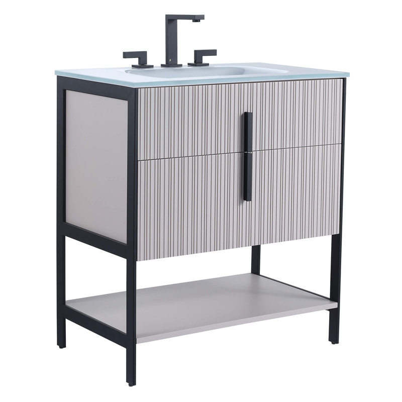 Meuble-lavabo simple avec plateau en verre Millisa, Noir mat, Noir, 30"