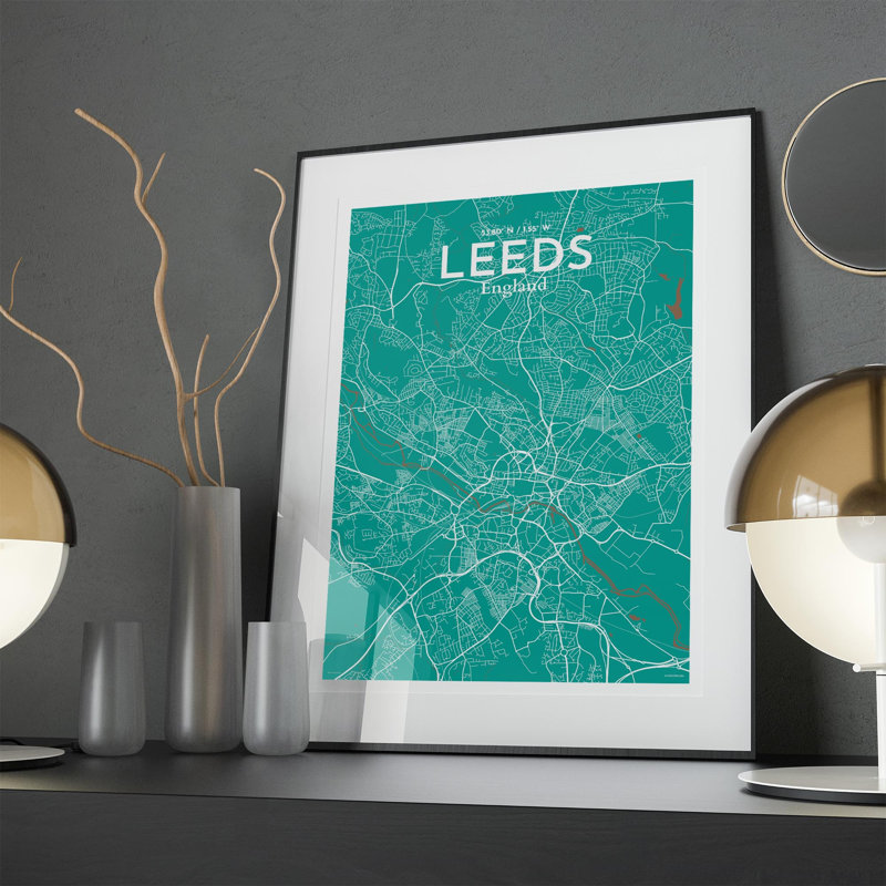 Carte de la ville de Leeds, impression, Vert / brun, H 27,6 po x l 19,7 po