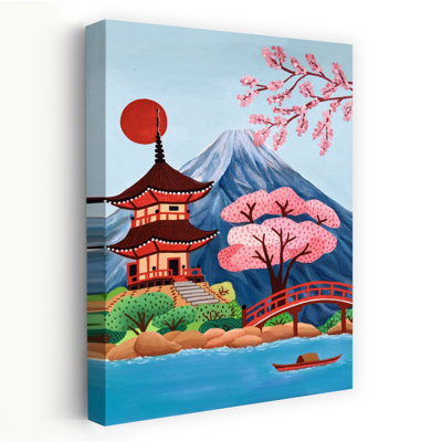 Japanese Pagoda Spring Landscape Contemporary Landscape Nature Wall Art Print by Nidhi Kachhadiya - Wrapped Canvas Print