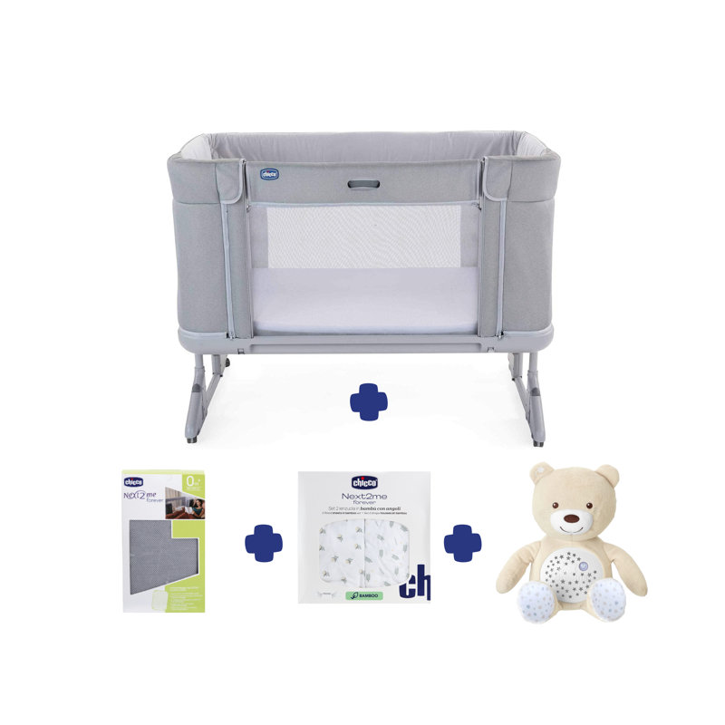 Chicco Next2Me Forever Bundle - Bedside Crib, Night Breeze Mattress Protector, 2x Sheets & Teddy Projector