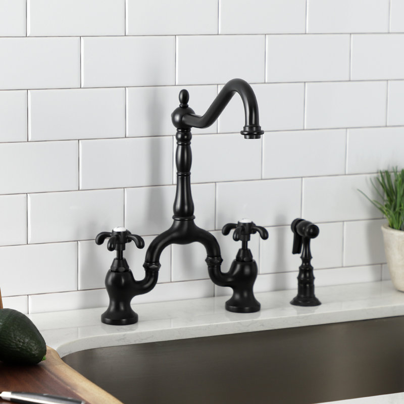 Kingston Brass Heirloom Two-Handle 3-Hole Deck Mount Bridge Kitchen Faucet with Brass Side Sprayer, Matte Black