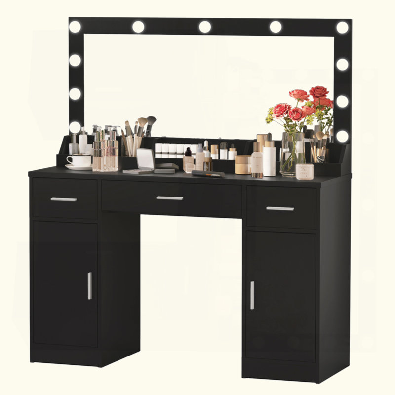 Vanity Desk With Large Mirror, 3 Colour Lighting Modes, Adjustable Brightness, Dresser With 3 Drawers & 2 Vertical Cabinets, Makeup Vanity Table For Women &  Girls