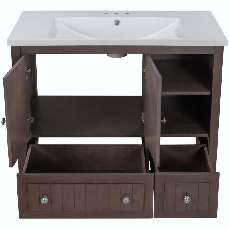Meuble-lavabo de salle de bain avec lavabo en céramique et deux tiroirs, Brun