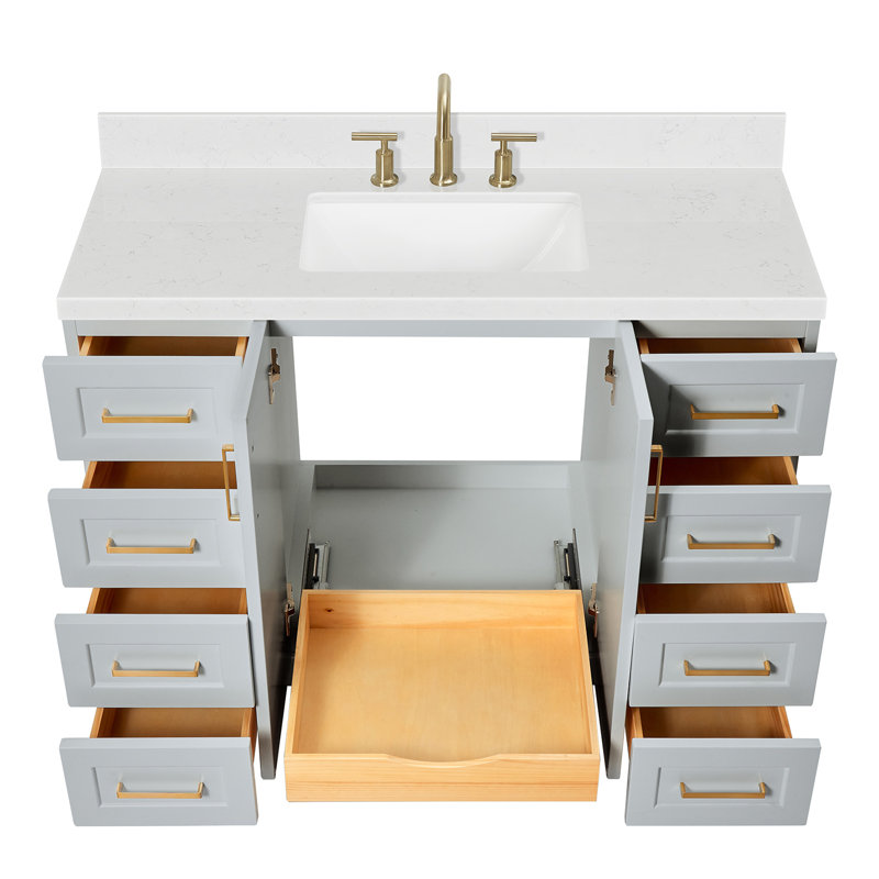 Freitas 48'' Solid Wood Single Bathroom Vanity, Carrara Quartz, Rectangle, Gray