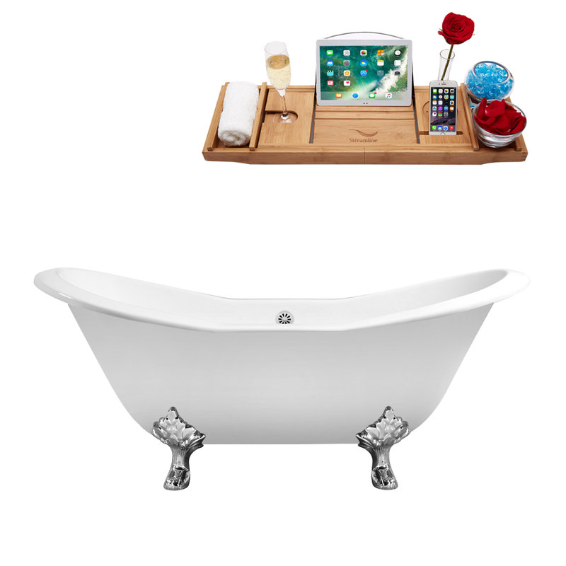 Baignoire de trempage sur pattes 72 "avec drain, pattes et plateau en bambou 72" Streamline, Chrome poli, Blanc lustré