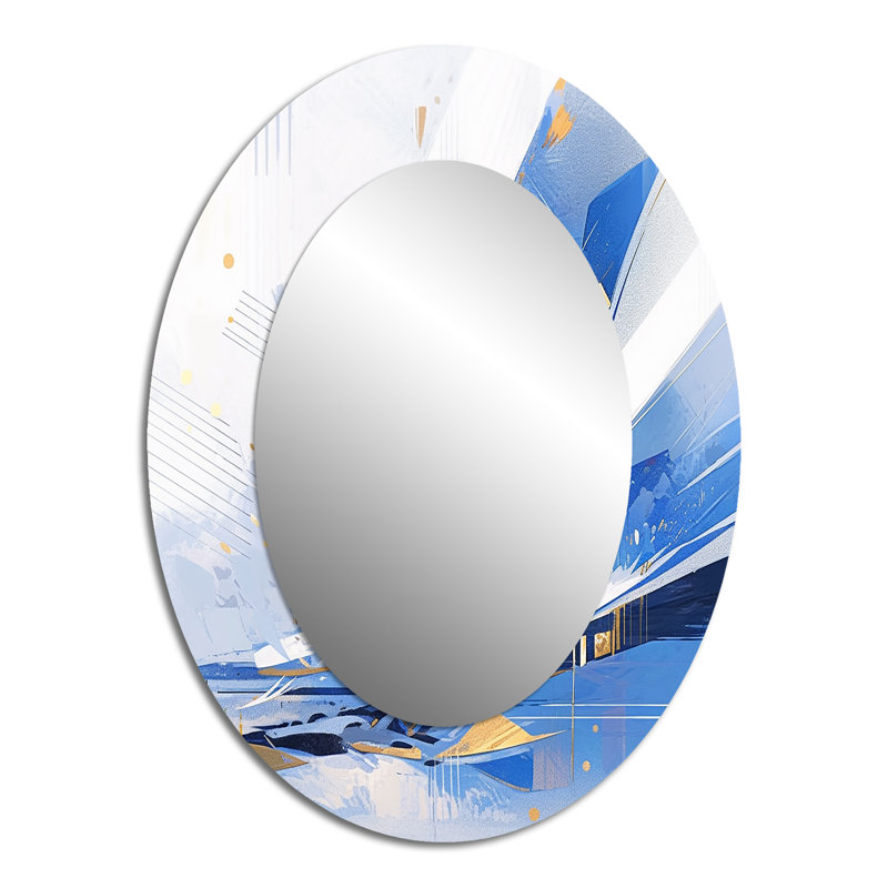 Blue White Cubist Kaleidoscope II - Large Oval Wall Mirror On Metal, 40" x 30"