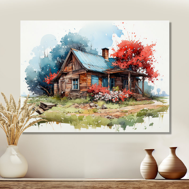 Maison de campagne avec arbre rouge aquarelle - art mural paysage, Toile tendue, H 30 po x l 40 po x P 1,5 po