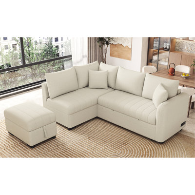 Canapé-lit modulaire en L escamotable, beige, avec lit de rangement moderne avec 2 ports et prises de courant pour un espace