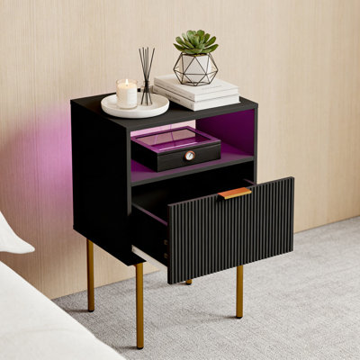 Modern LED Nightstand With Charging Station, Fluted Design Bedside Table With Drawer, USB Ports And AC Outlets For Bedroom Or Living Room