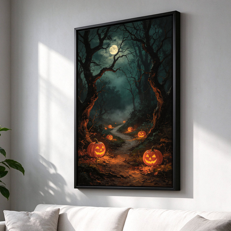 Citrouilles d'Halloween sous un arbre effrayant, tableau sur toile encadré, cadre noir, 61 x 91 cm, 36" H x 24" W, Noir