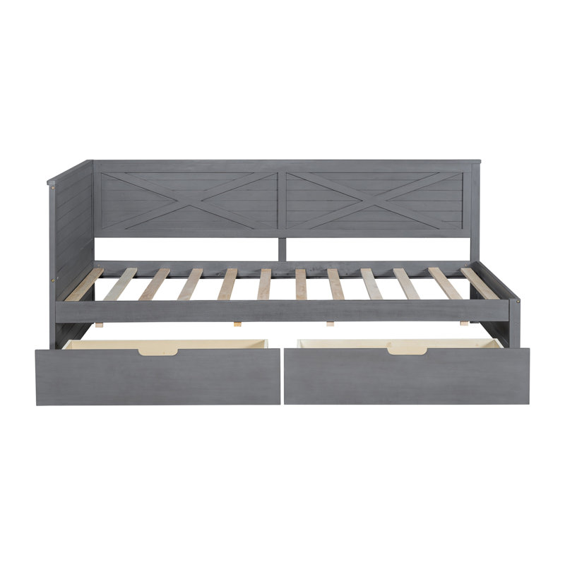 Lit de jour simple en bois avec 2 tiroirs et garde-corps rustique, gris antique