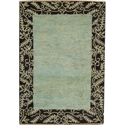 Tapis noir et turquoise noué à la main de haute qualité