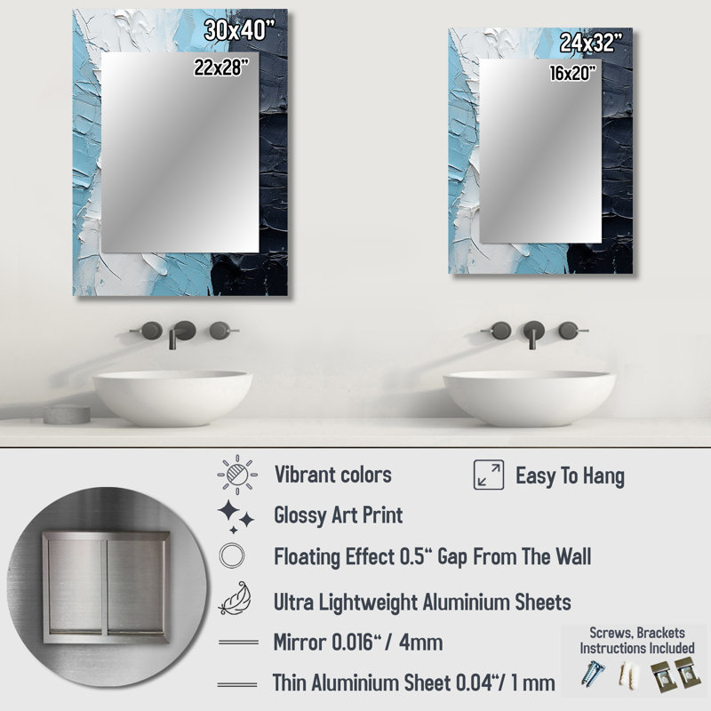 Minimalism Black And Blue Paint Corner - Coastal Mirror, Blue Unique Wall Mirror, Printed Metal Art, 32" x 24"