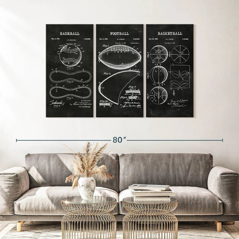 Ensemble de 3 balles de sport BW sur toile, H 36 po x l 57 po x P 1,25 po
